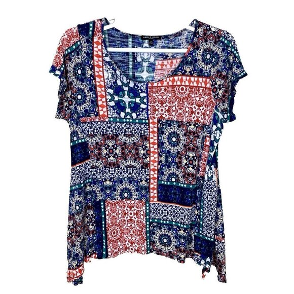 Cable & Gauge Womens 1X Short Sleeve Blouse Viscose Lightweight Boho Patchwork - Picture 1 of 13